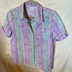 Alfred Dunner Multi Pastel Button Front Top vertical stripe/floral pattern Sz 8